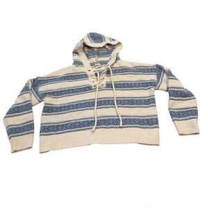 Nikka K Chunky Knit Blue and White Stripe Hooded Sweater L